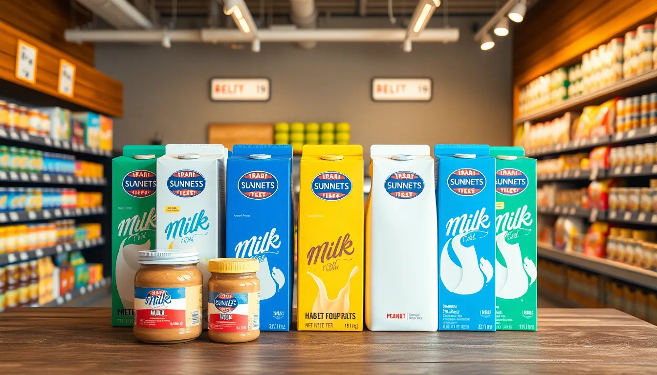 Various colorful boxes of milk placed on shelves with prices in modern supermarket