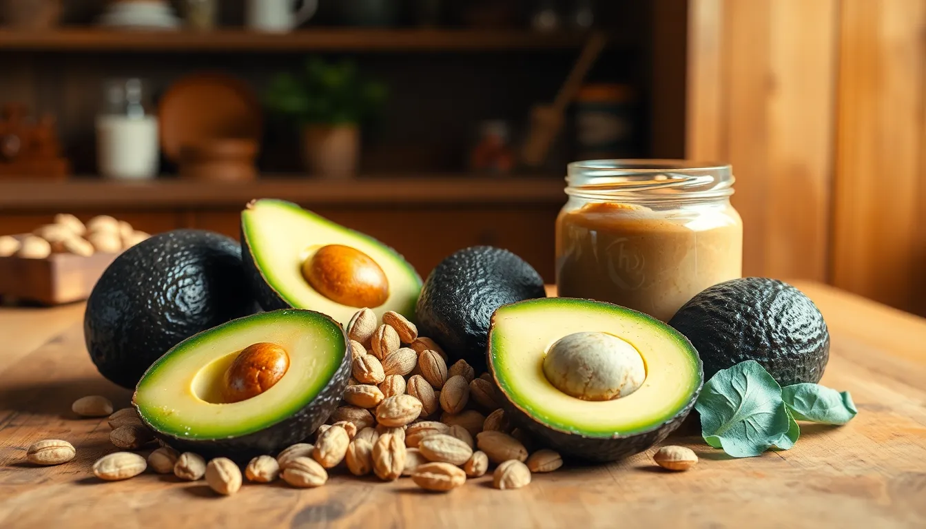 Healthy avocado, nuts, and omega unsaturated fat foods