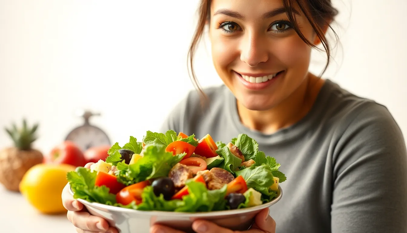Healthy lifestyle portrait with salad, scale, and fresh produce.