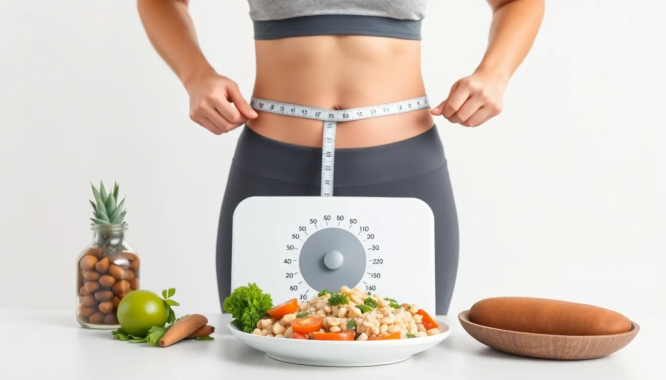 Crop anonymous female in sportswear measuring weight on scales for body control against white background