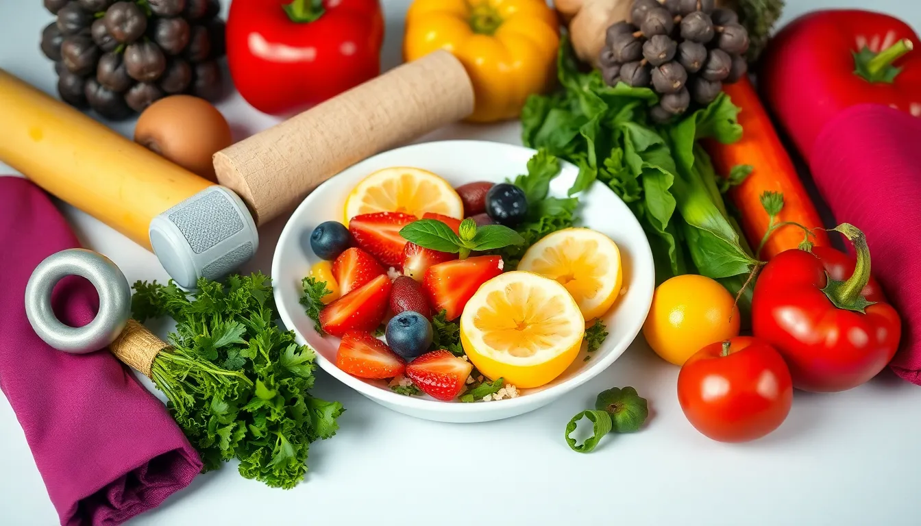 A vibrant composition of fruits, vegetables, and fitness items promoting a healthy lifestyle.