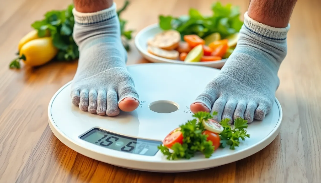 Close-up of feet in socks standing on a scale, focusing on weight measurement.