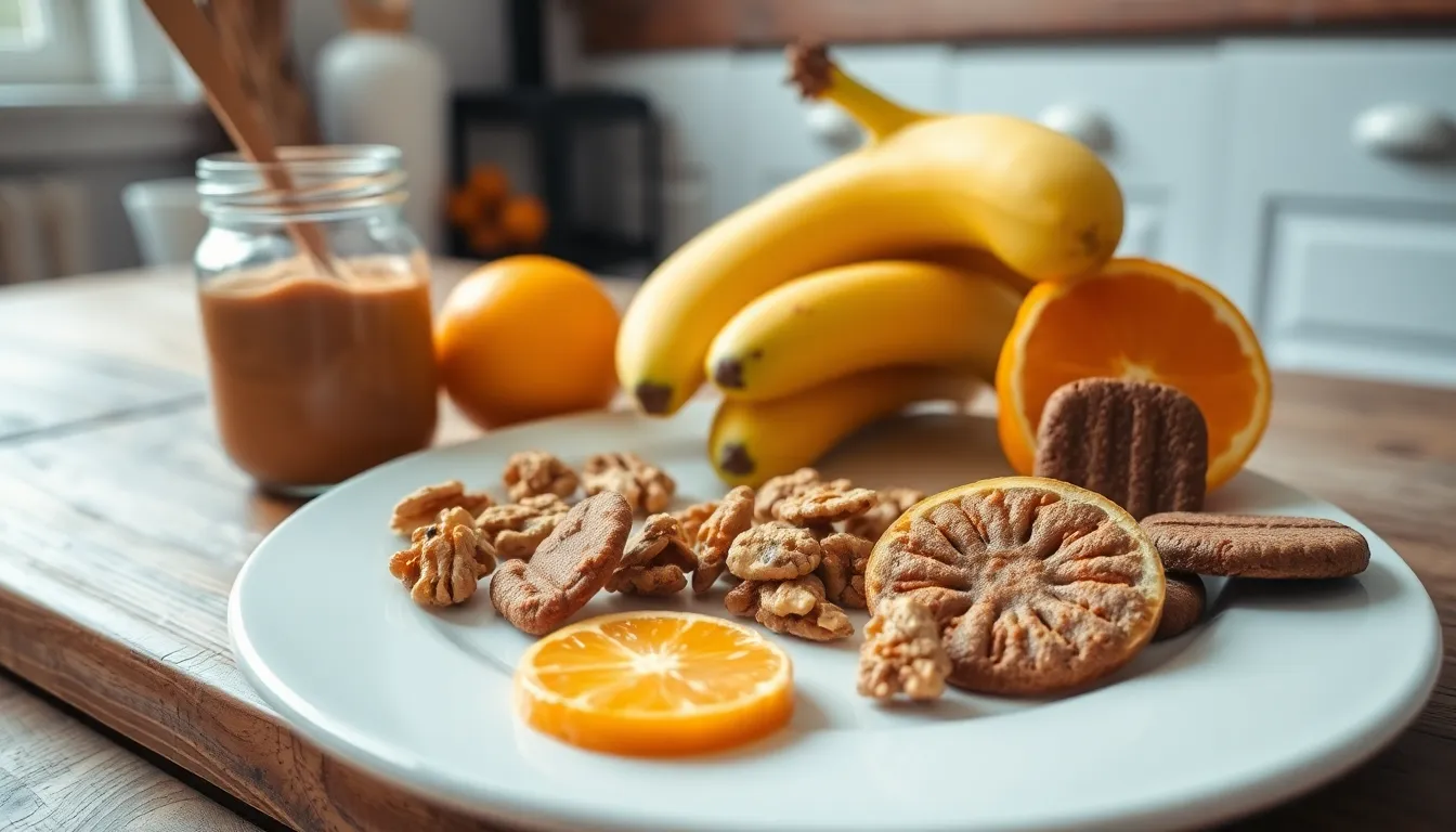 A balanced snack plate with oranges, bananas, walnuts, and chocolate biscuits.