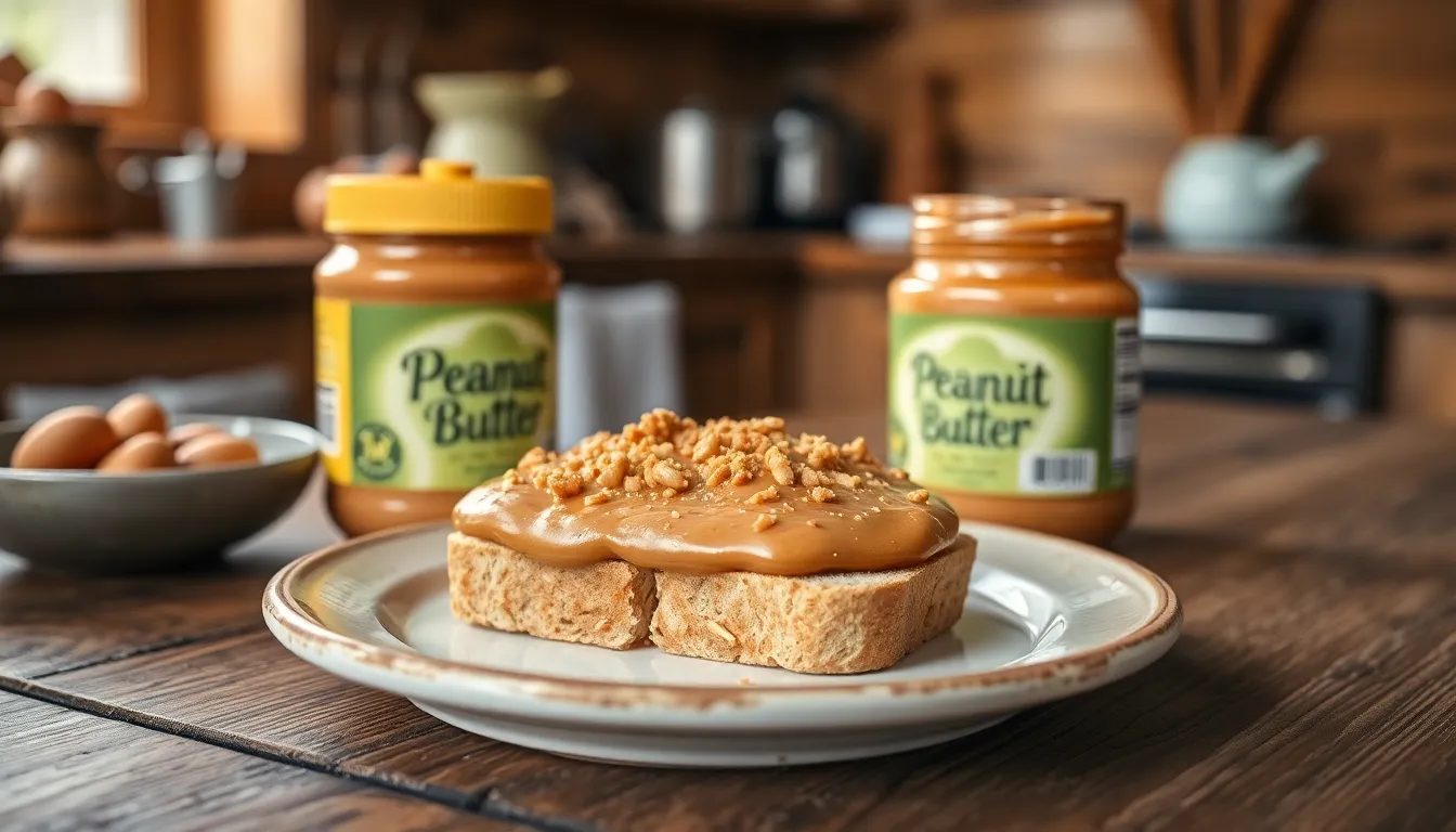 Artistic close-up of creamy peanut butter spread on toast.