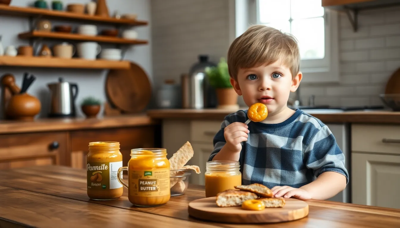 Little boy in casual clothes standing near table in kitchen while eating delicious homemade food and looking away