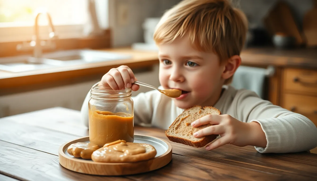 Child eating healthy snack bread nutritious meal