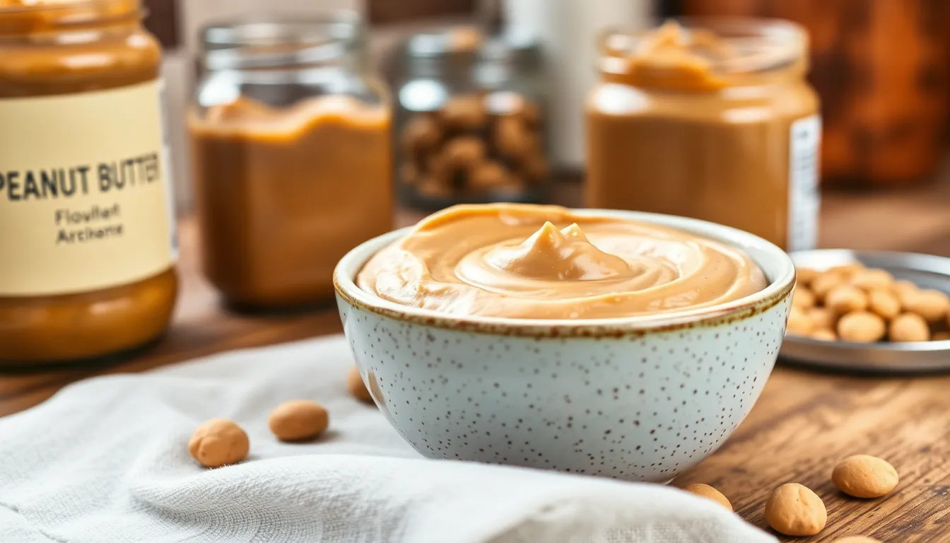 Close-up of creamy peanut butter swirled in a speckled ceramic bowl.