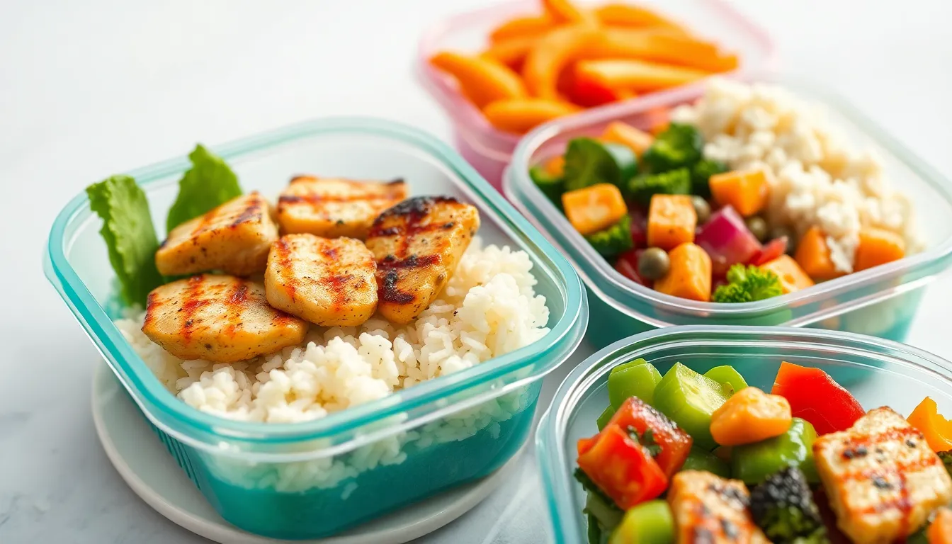 Colorful meal prep containers with grilled chicken, rice, and vegetables neatly packed.
