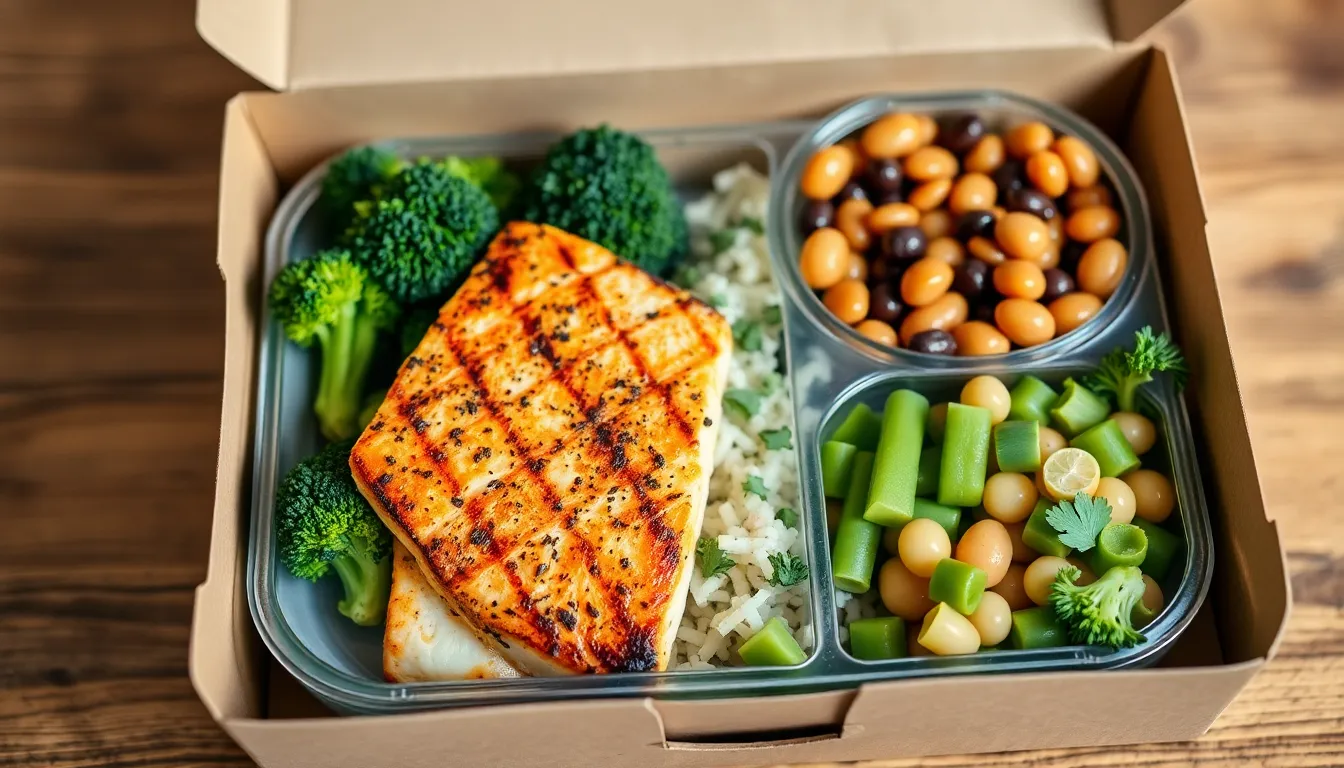 A nutritious meal prep box featuring grilled fish, broccoli, and beans for a balanced diet.