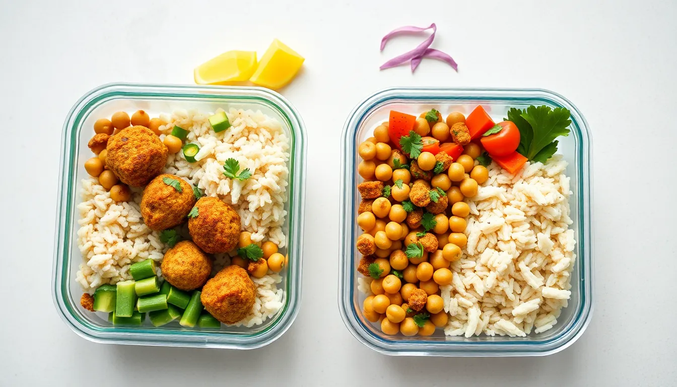 Colorful meal prep containers with falafel, chickpeas, rice, and vegetables for a healthy lifestyle.