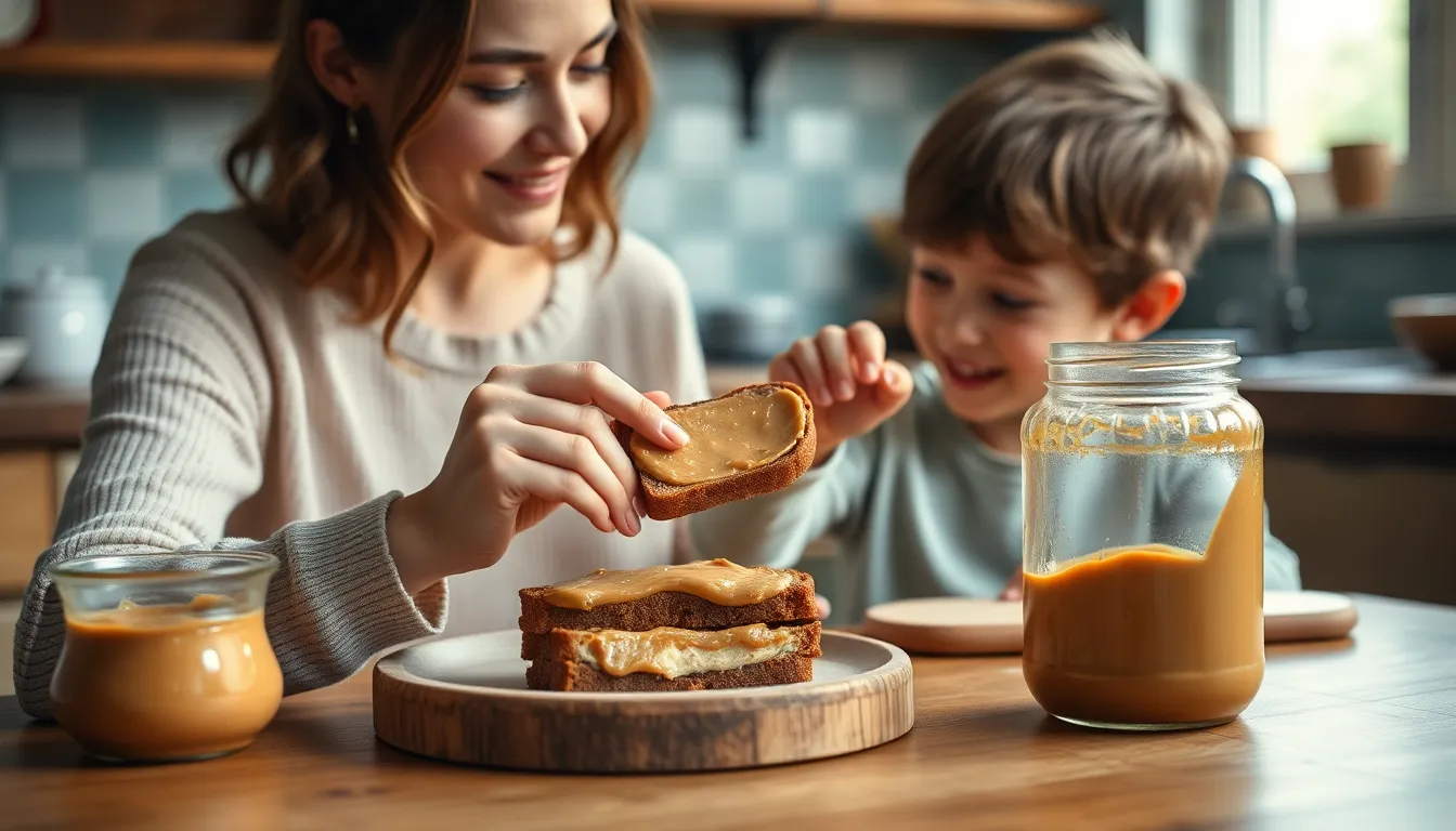 Close-up of a mother and child making peanut butter toast in the kitchen.