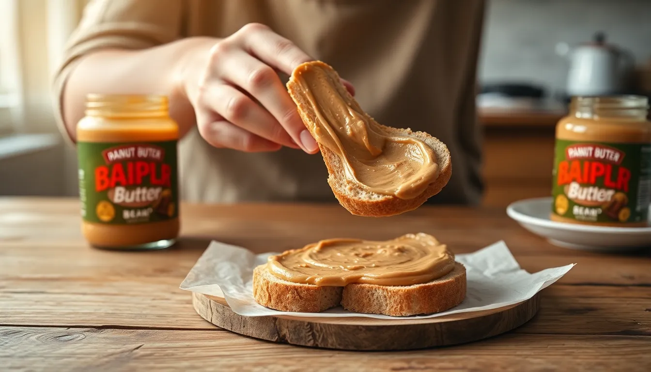 Close-up of person spreading peanut butter on bread slice at table.