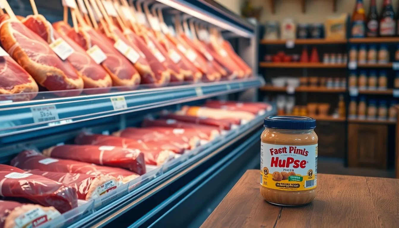 Frozen meats on display in a Brazilian supermarket aisle. Great for commerce and retail themes.