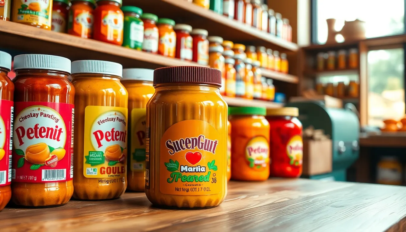 Colorful display of preserved food jars, a vibrant showcase in a grocery store aisle.