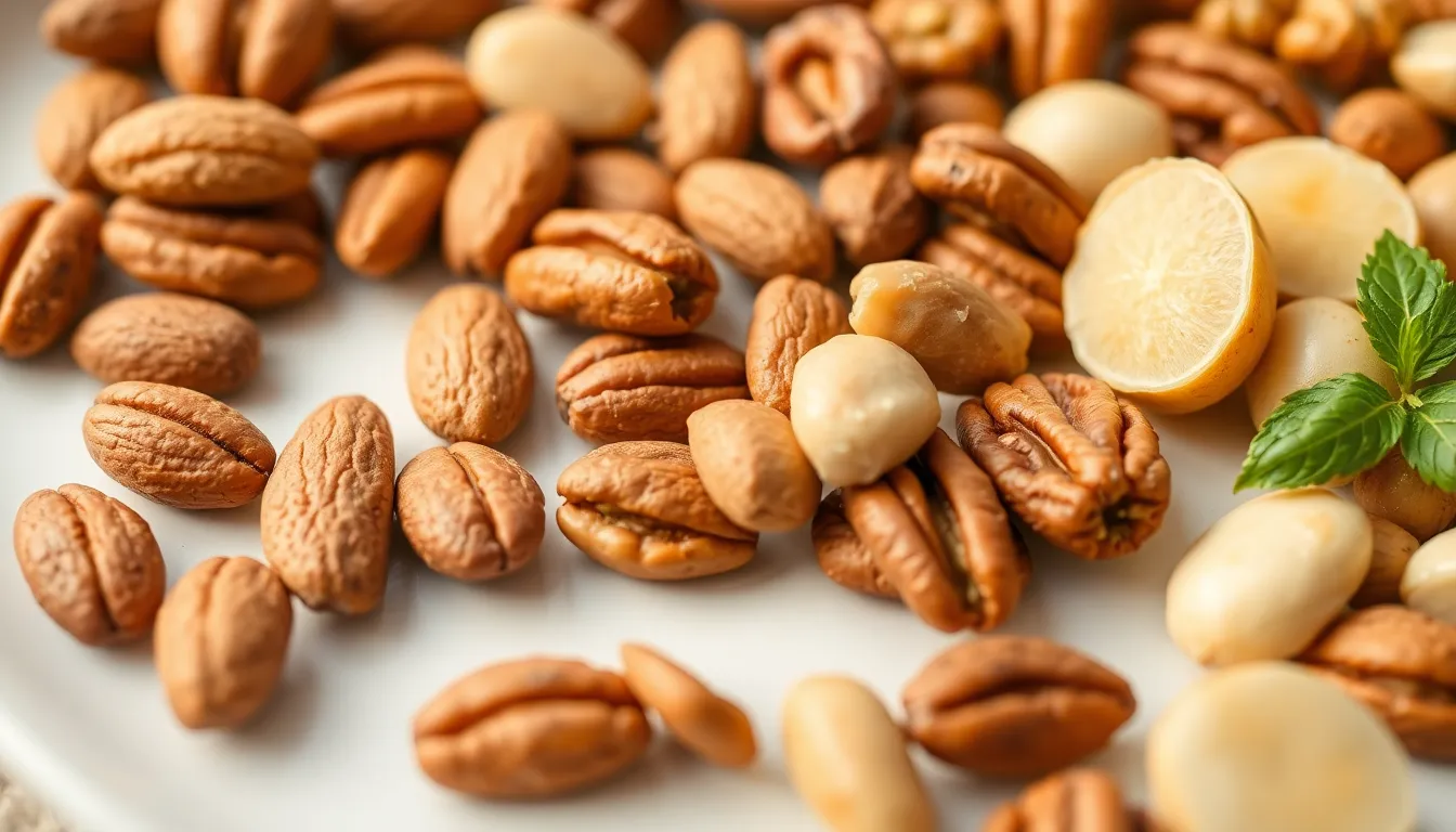 A close-up of various nuts like almonds, pecans, and macadamia on white.