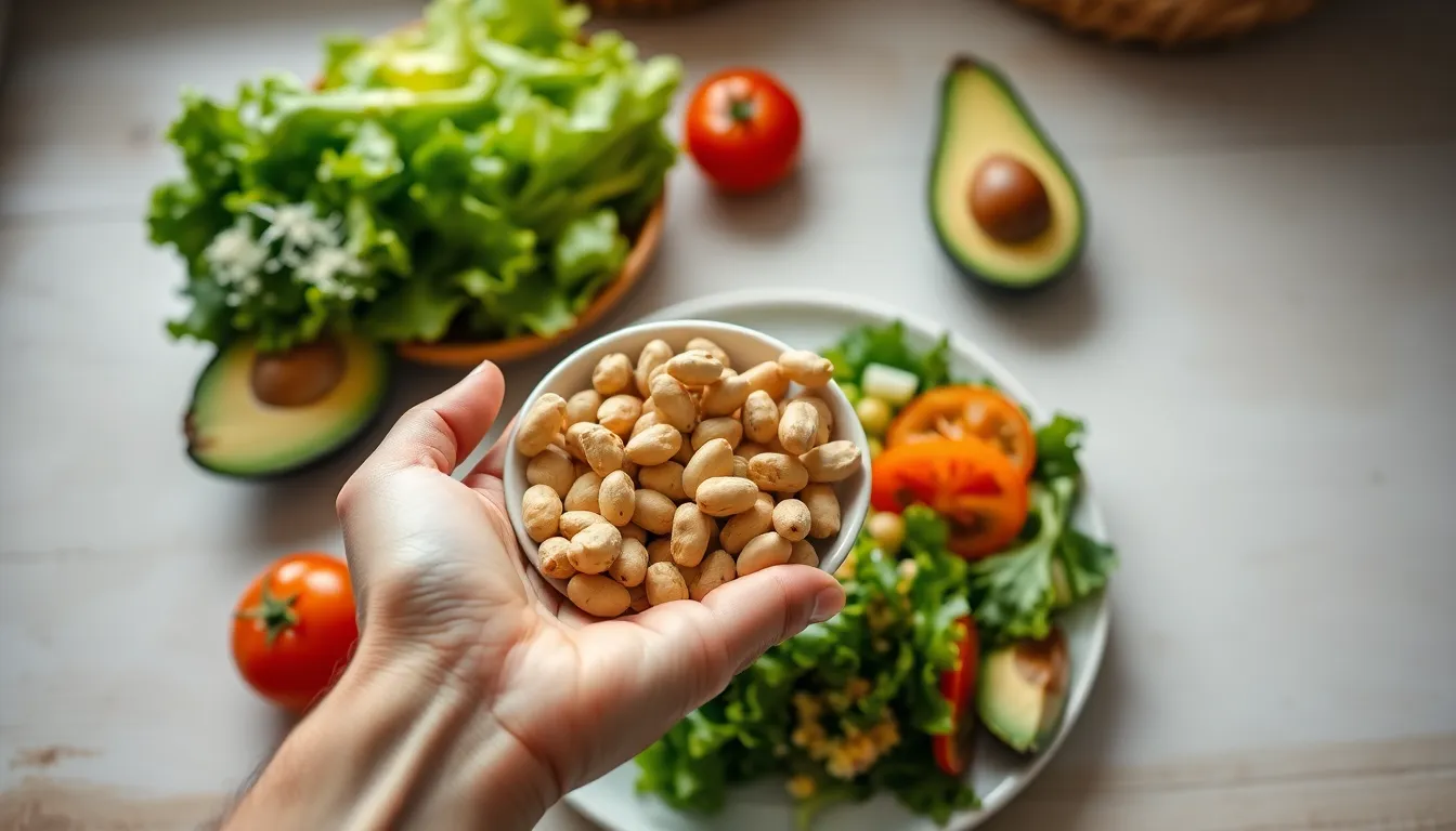 Hands presenting peanuts with a bowl, lettuce, avocado, and tomato nearby on kitchen counter.