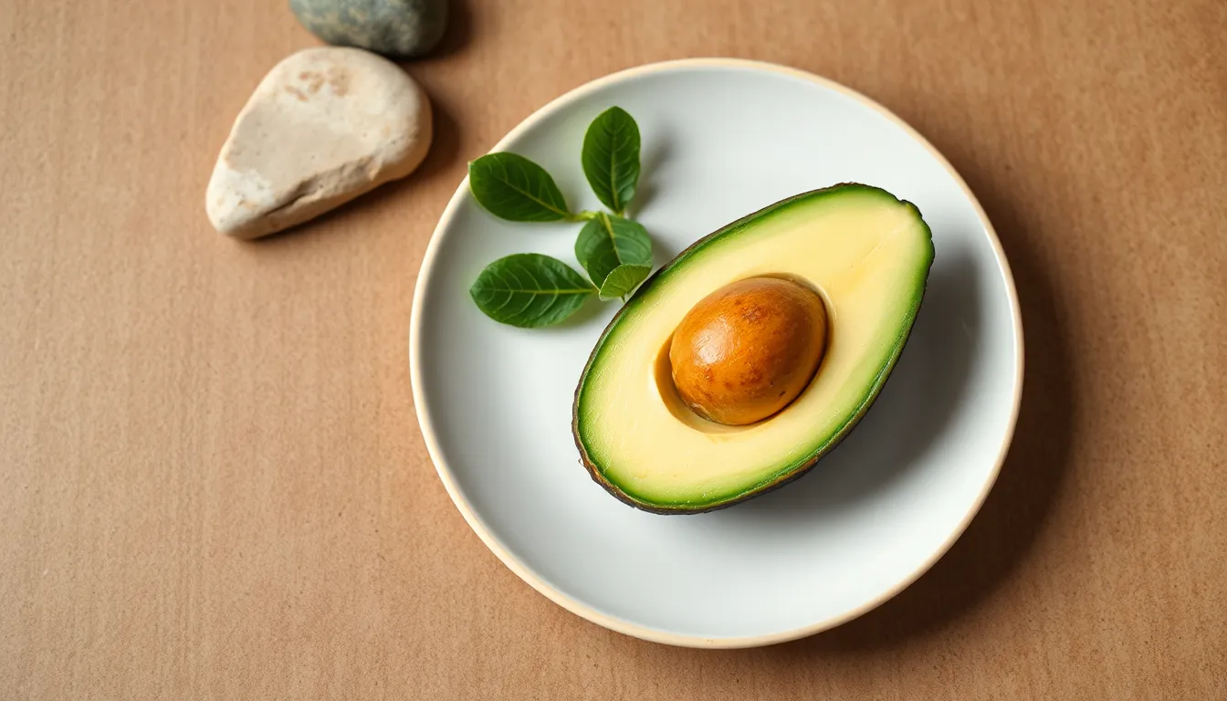 Artistic photo of a sliced avocado on a textured background with stones, highlighting simplicity.