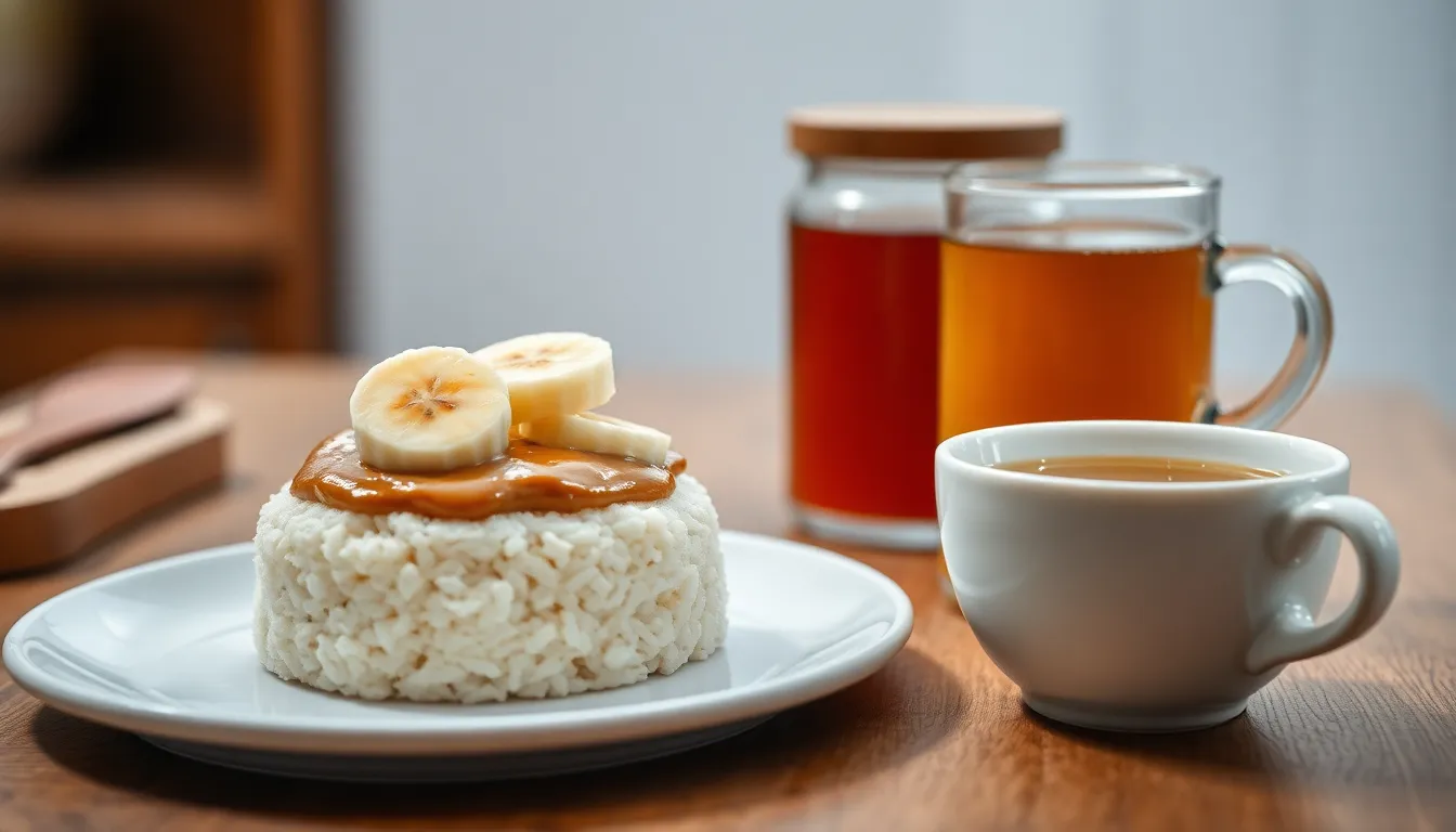 Minimalist food photography of rice cakes topped with peanut butter and banana slices beside a cup of tea.