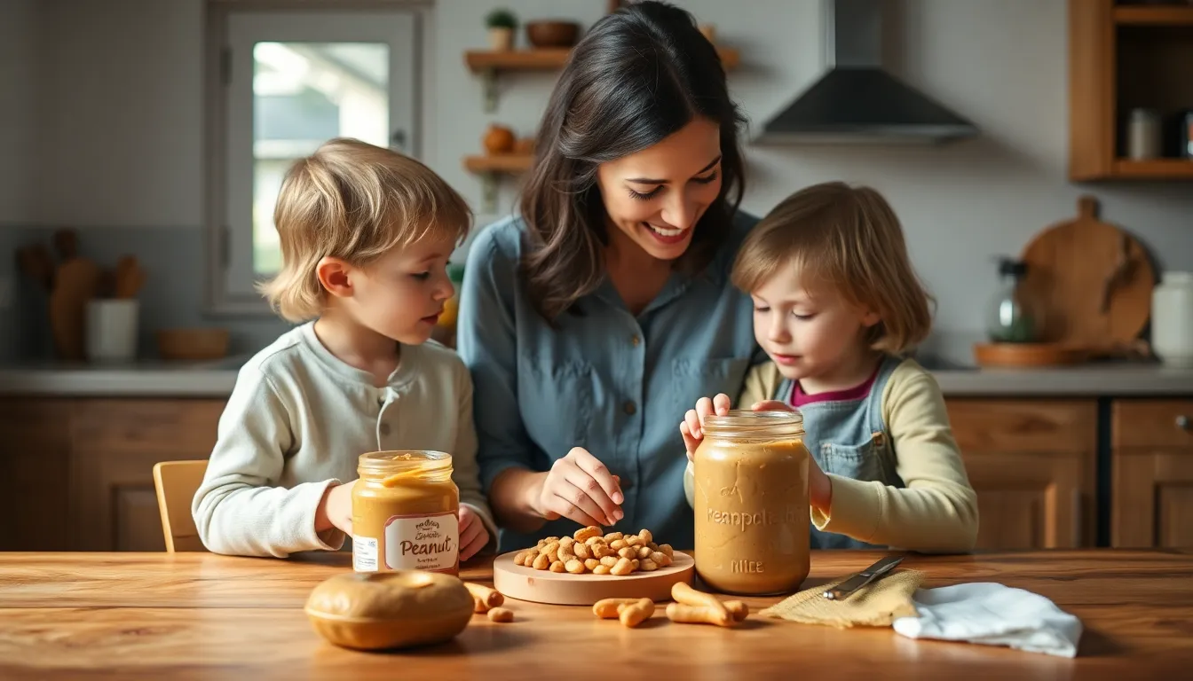 A mother helps her young children with a meal in a cozy home kitchen setting.