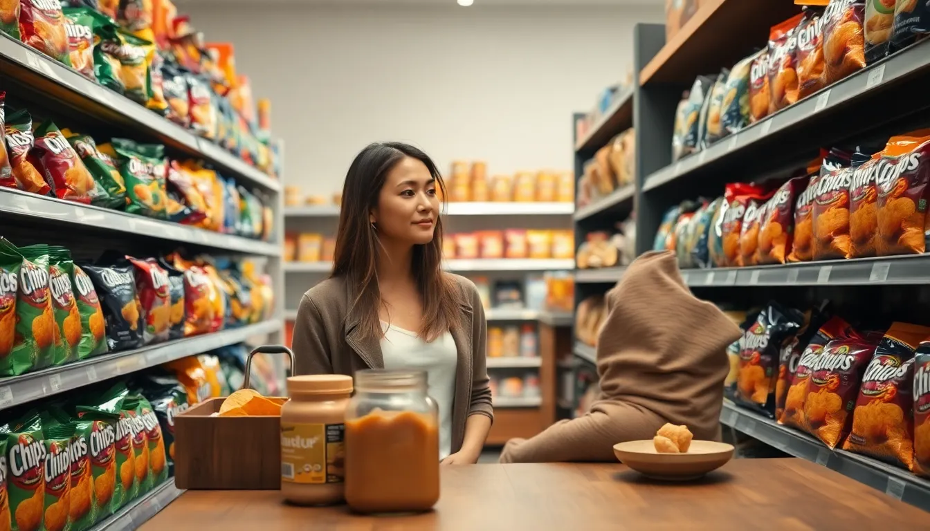 Woman reading ingredient label carefully at grocery store.