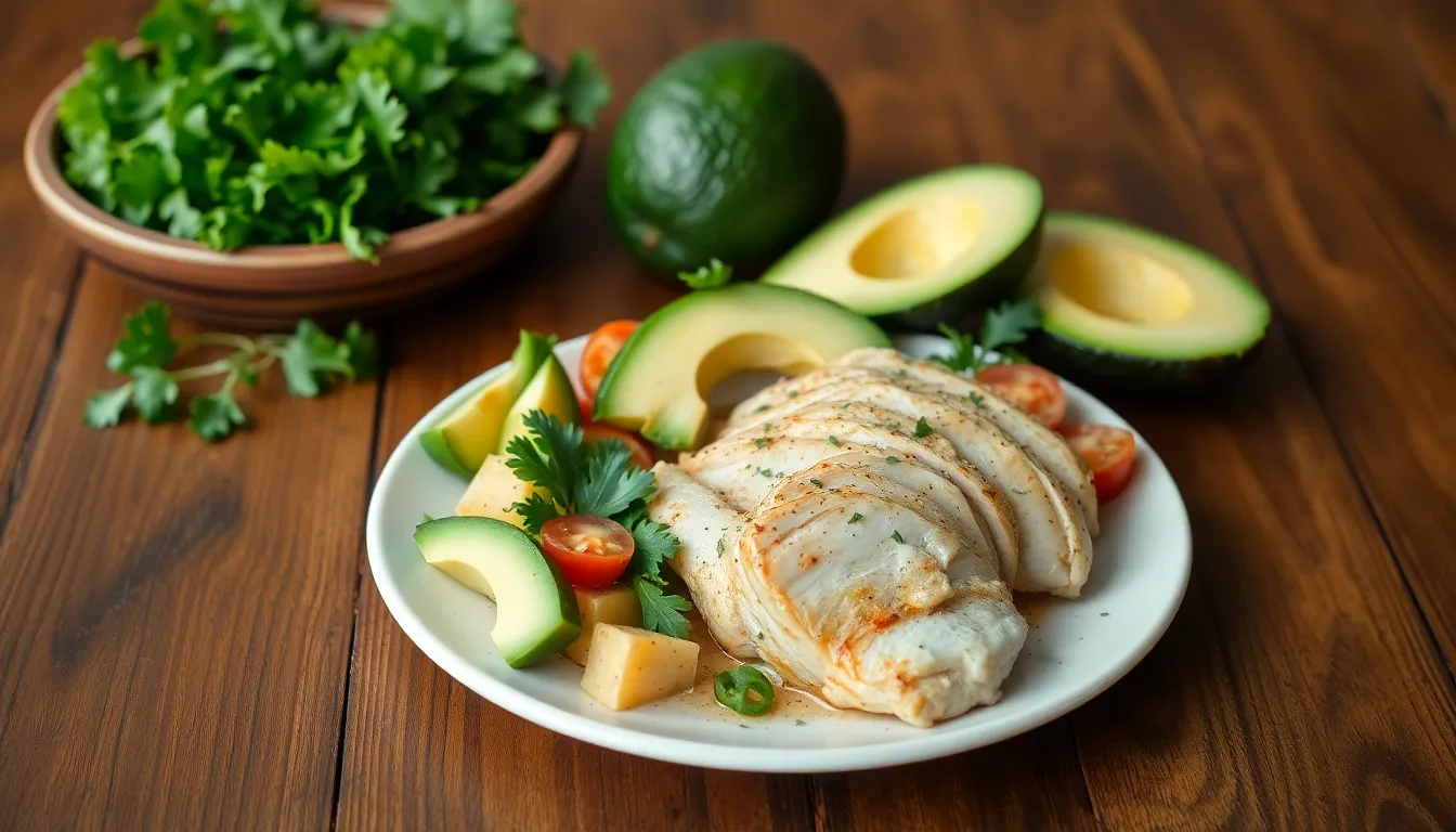 Delicious chicken with fresh vegetables and avocado on a wooden table.