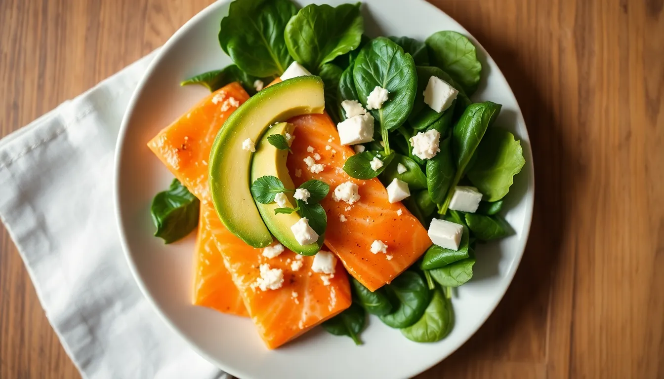A top-down view of fresh salmon, avocado, spinach, and cheese for a healthy dish.