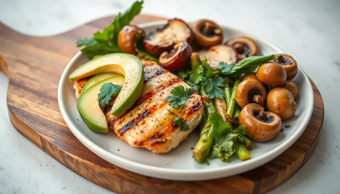 Grilled chicken with avocado, vegetables, and mushrooms on a wooden board.