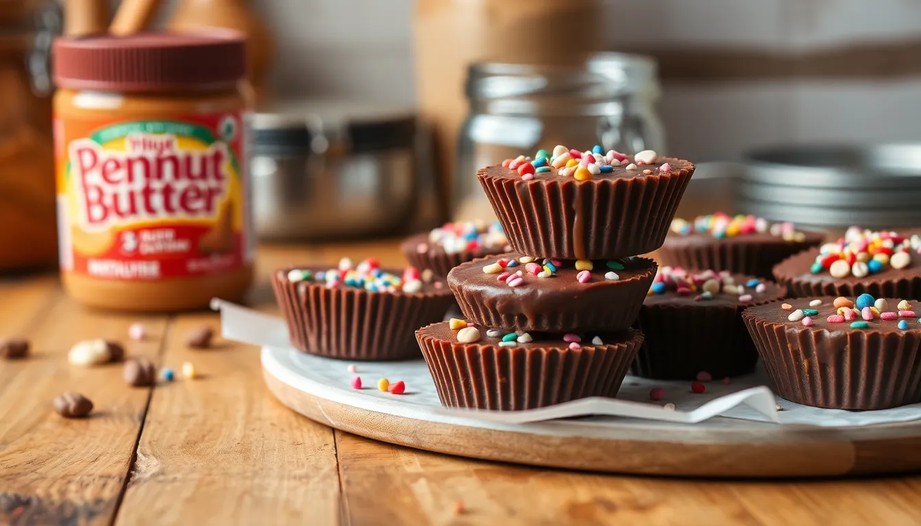 Delicious chocolate peanut butter cups topped with sprinkles, perfect for dessert lovers.