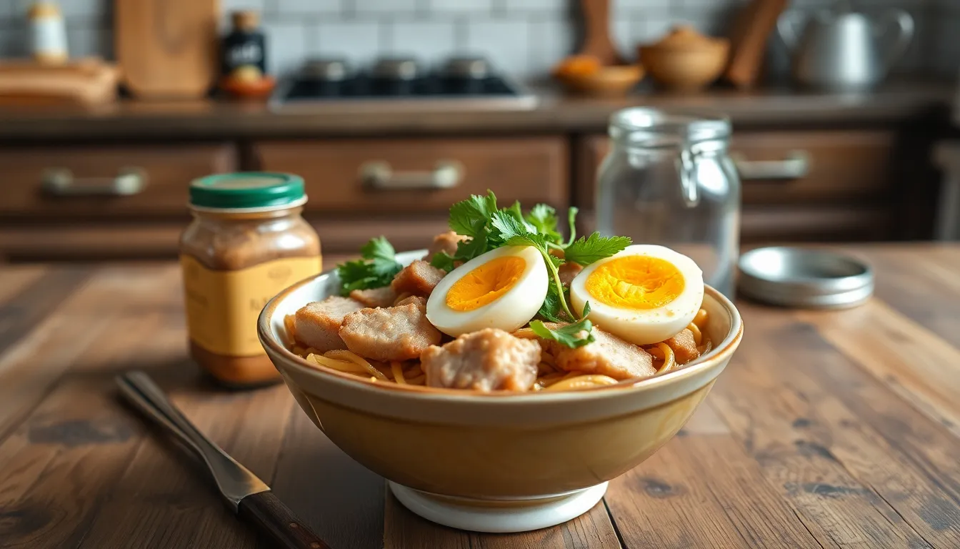 Savor this rich and delicious ramen topped with soft-boiled eggs, pork, and fresh greens.