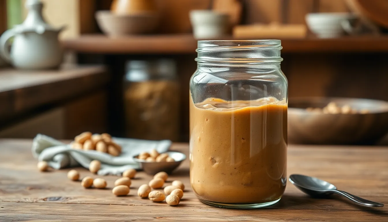 Delicious homemade peanut butter in a glass jar with peanuts and a spoon nearby.