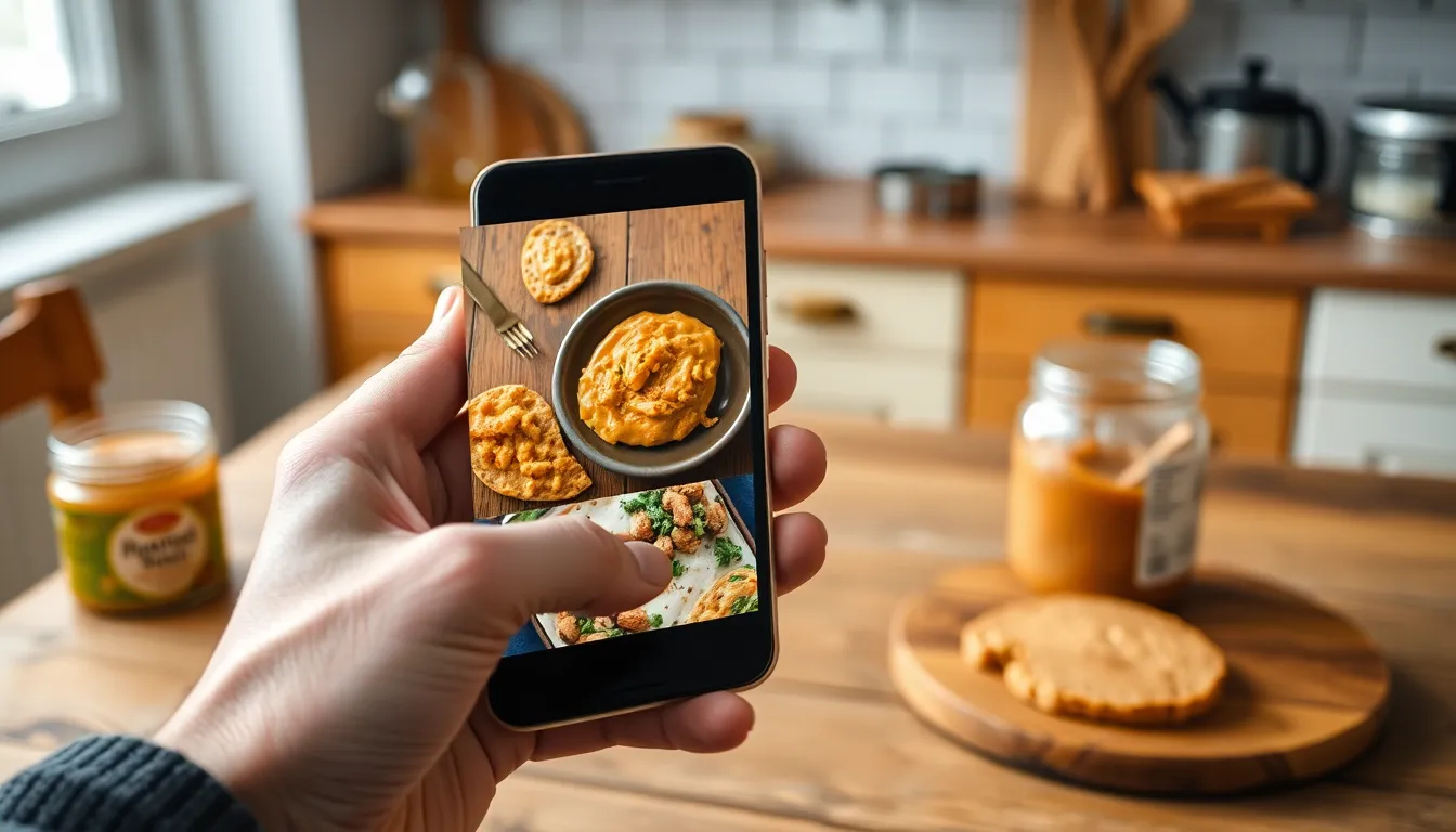 Close-up of a hand holding a smartphone browsing food recipe images.