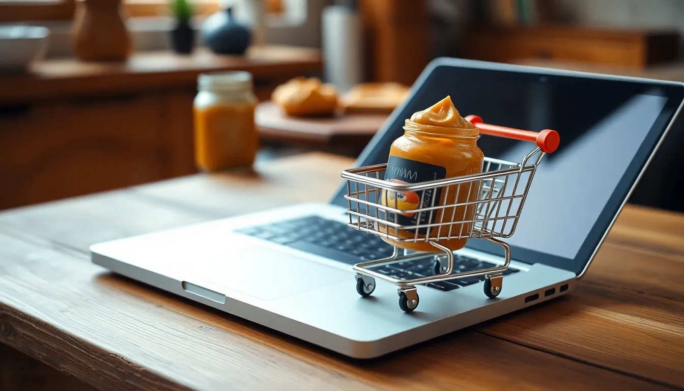 A smartphone in a miniature cart on a laptop symbolizes online shopping and digital payment.
