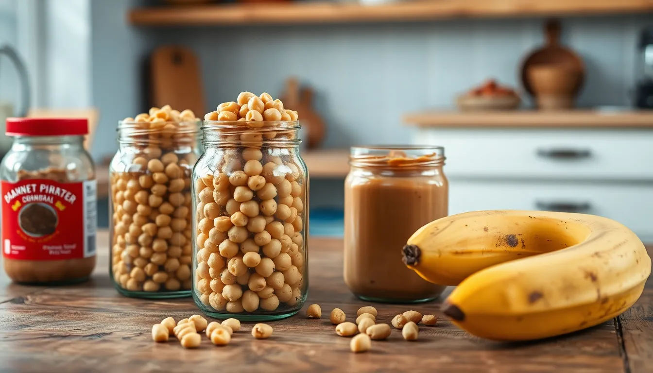 Glass jars with organic chickpeas, pepper, and crispy banana on kitchen counter.