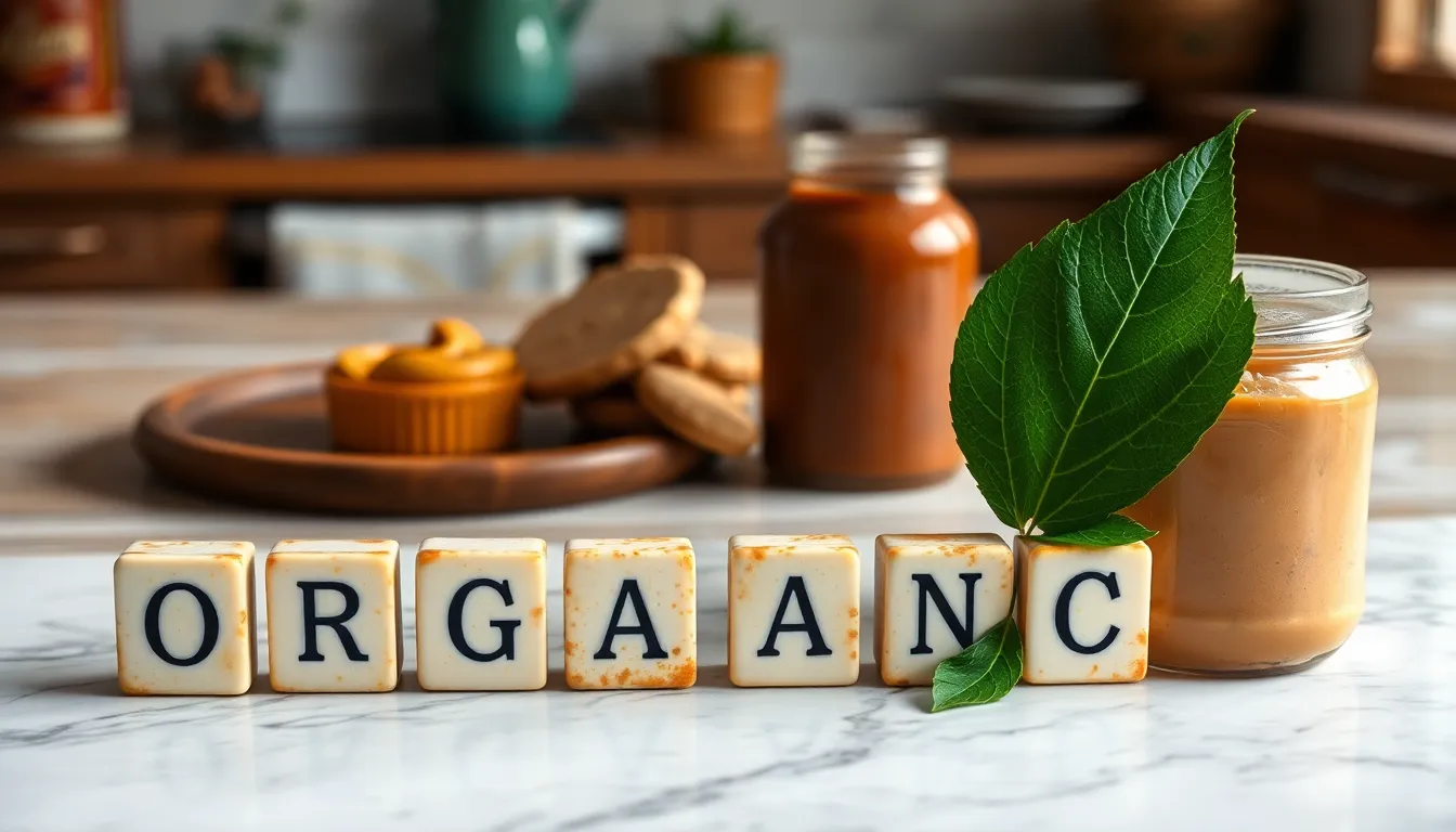 Close-up of 'ORGANIC' spelled with tiles next to a leaf on a marble surface.