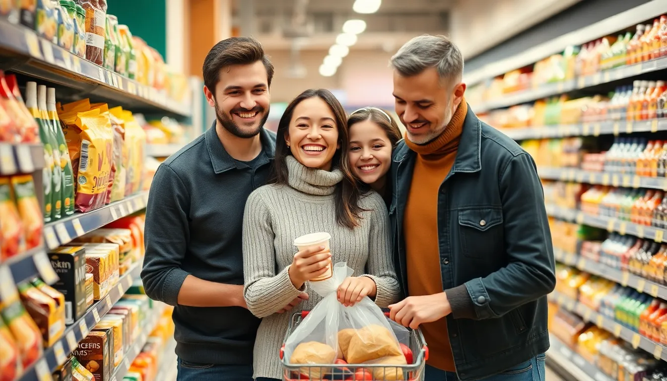 A joyful family enjoying a grocery shopping day together at a supermarket aisle.