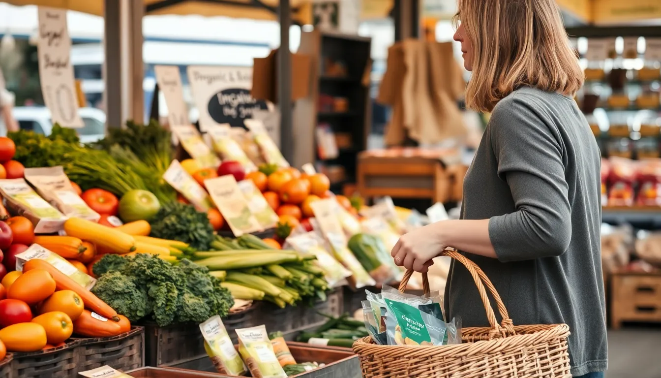 A person browses an outdoor market stand with organic vegetables, holding a basket.