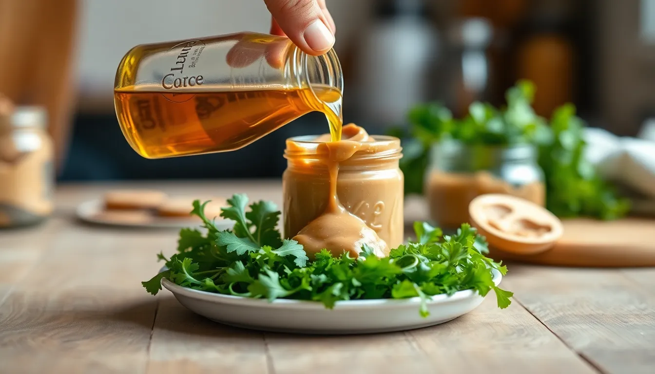 A hand pouring olive oil from a glass jar onto fresh greens, captured with a shallow focus.