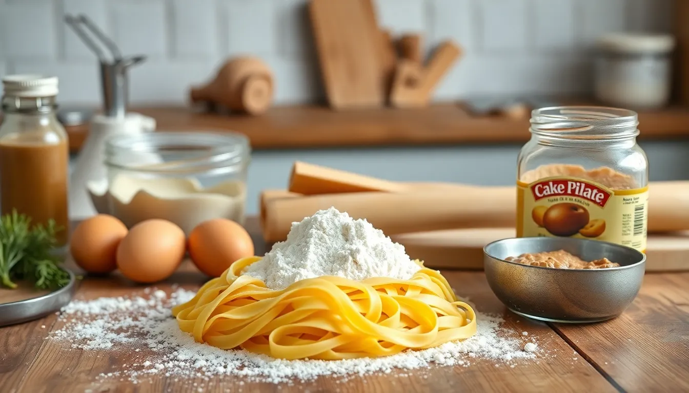 Making homemade pasta with eggs, flour, and olive oil preparation.