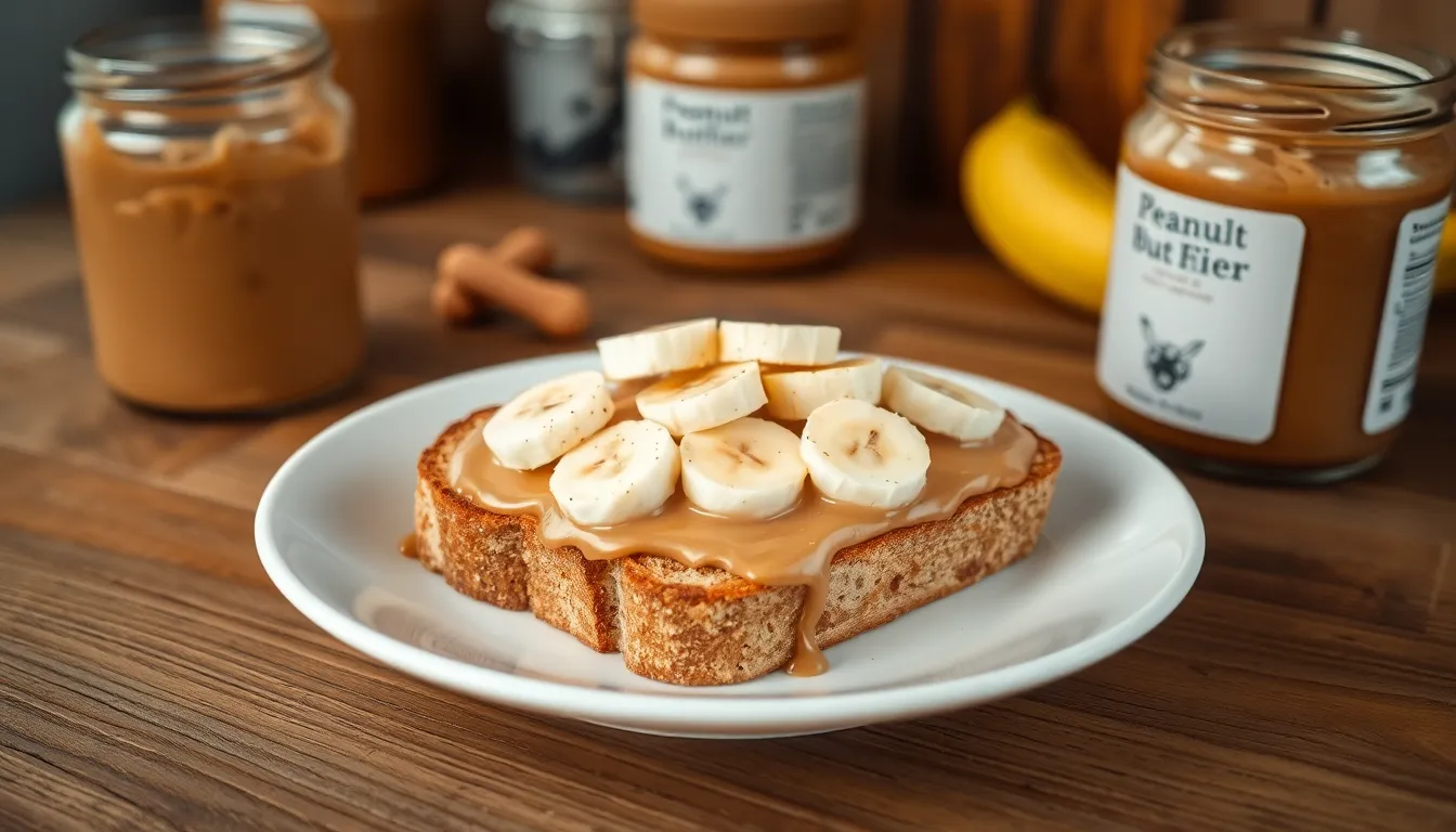 A delicious slice of peanut butter toast topped with banana slices on a white plate.