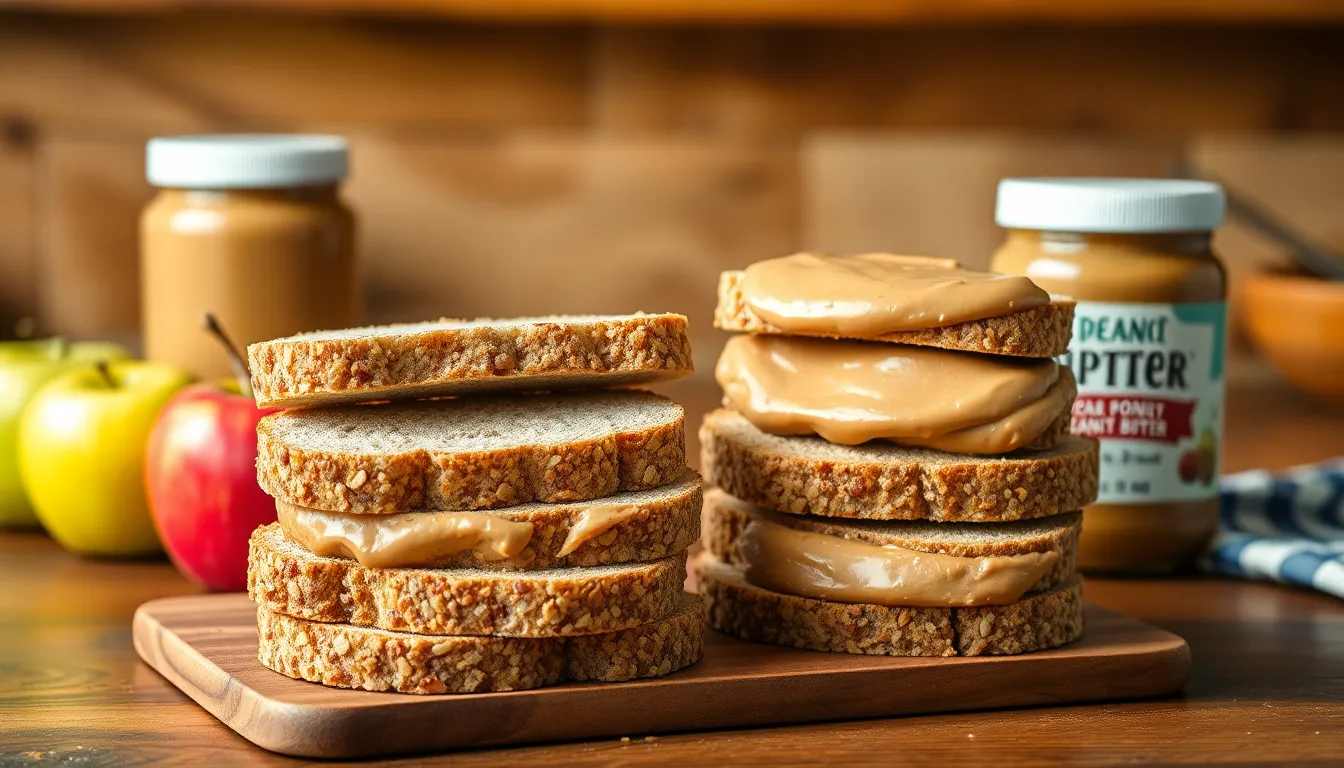 Stack of whole grain bread with peanut butter, accompanied by apples and a jar of smooth peanut butter.
