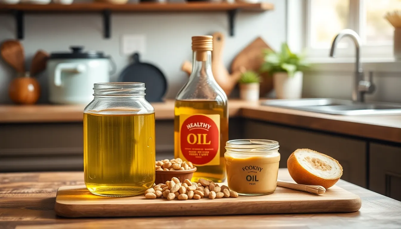 Cooking oil and healthy fat ingredients on kitchen counter.
