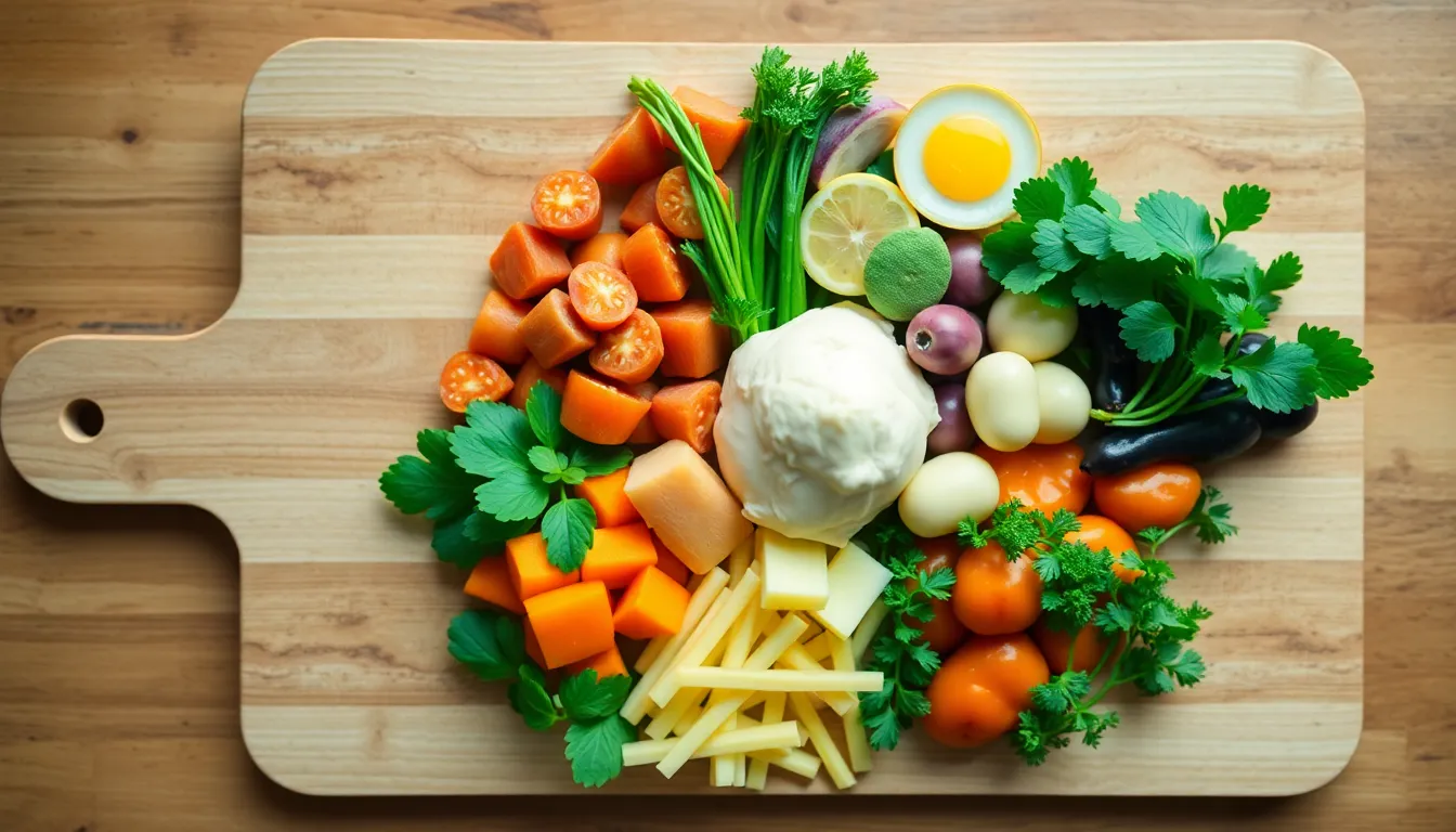 An overhead view showcasing diverse cooking ingredients on a cutting board.