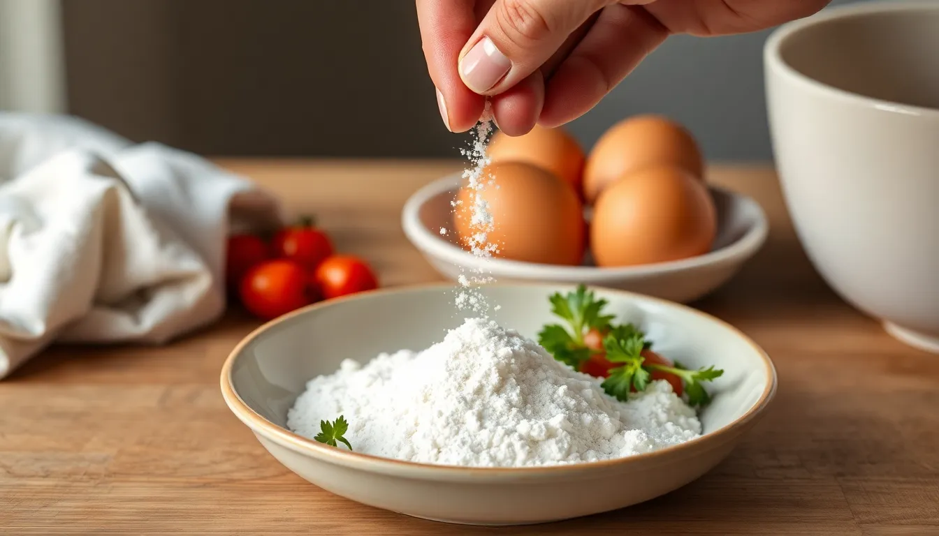 Hand pouring salt onto flour for baking with eggs in the background.