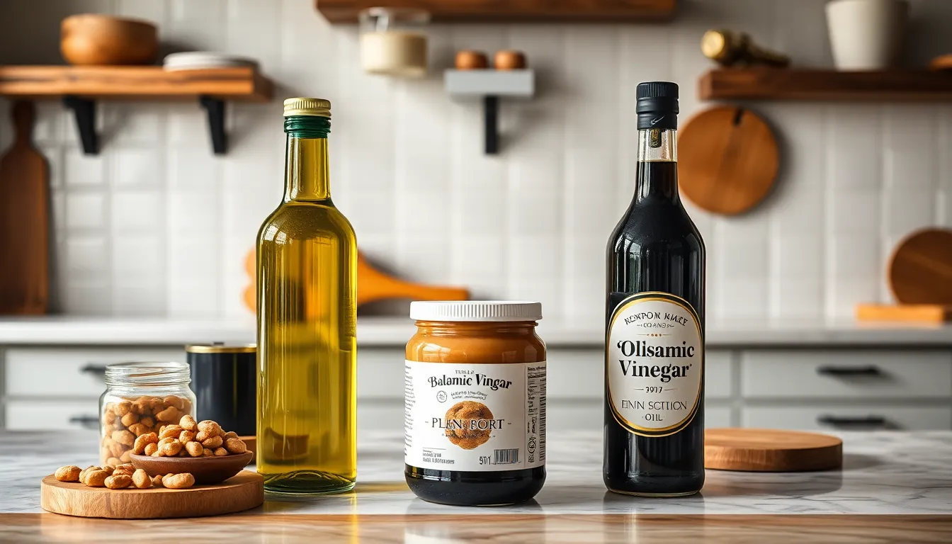 Elegant display of olive oil and balsamic vinegar bottles on a marble surface.