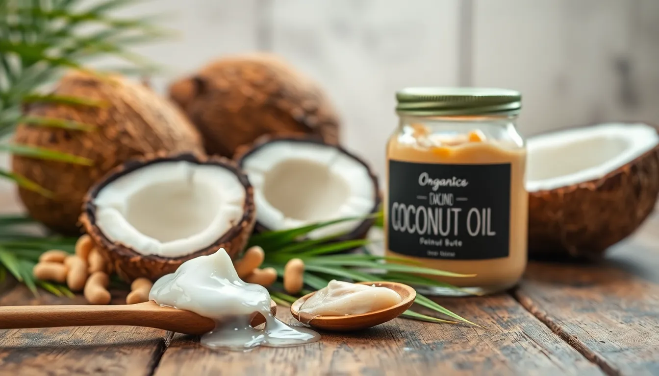 A close-up of organic coconut oil on a wooden spoon beside fresh coconut and palm leaves.