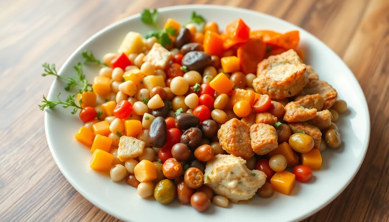Colorful assortment of proteins and legumes on a white plate, perfect for healthy eating inspiration.