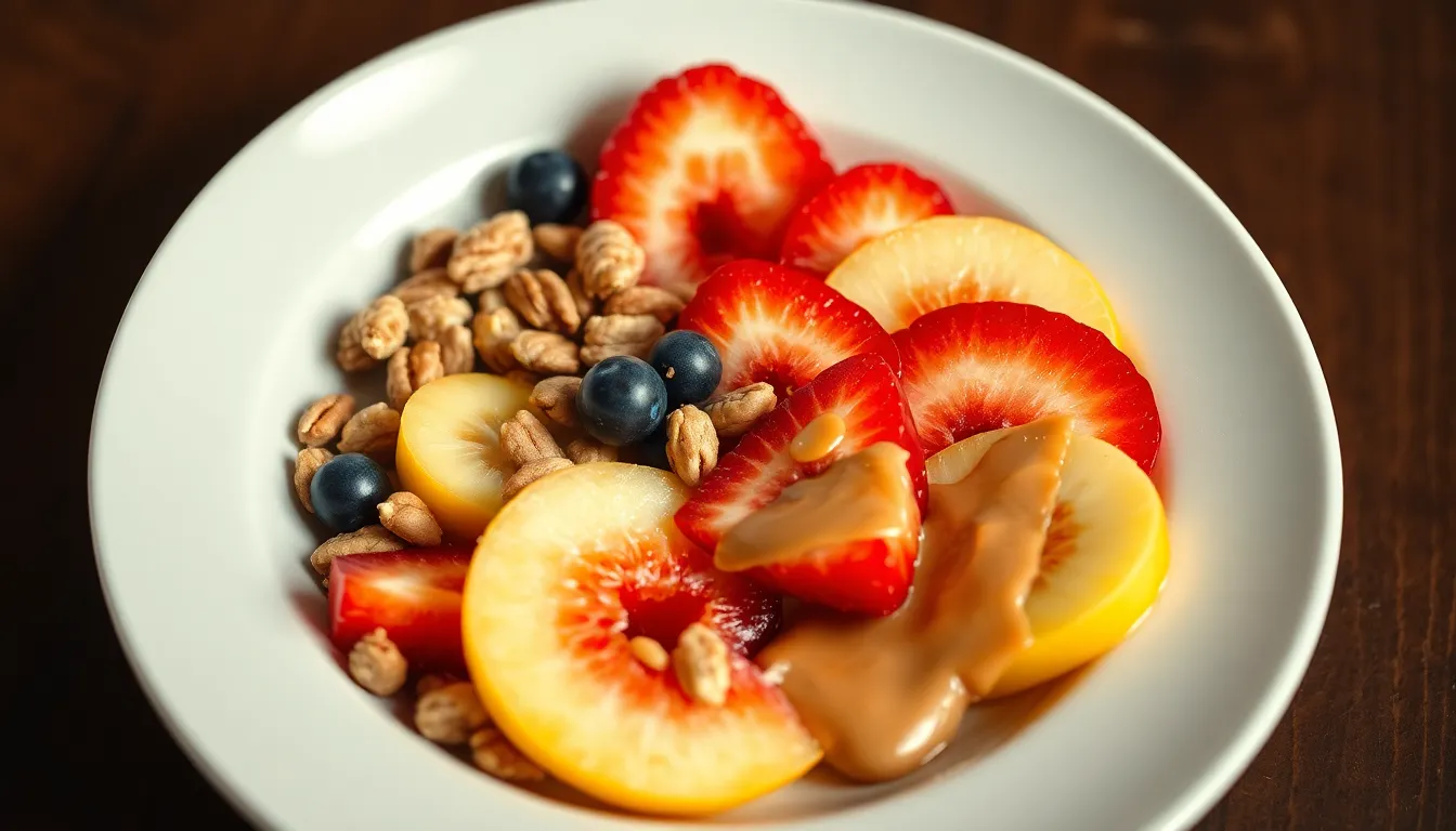 A vibrant bowl featuring fresh fruit slices, nuts, and peanut butter for a nutritious breakfast.