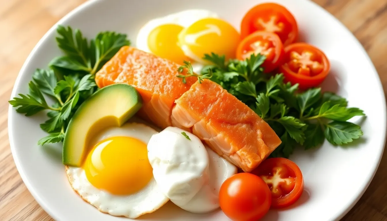 A vibrant breakfast platter featuring salmon, avocado, eggs, and tomatoes on a white plate.