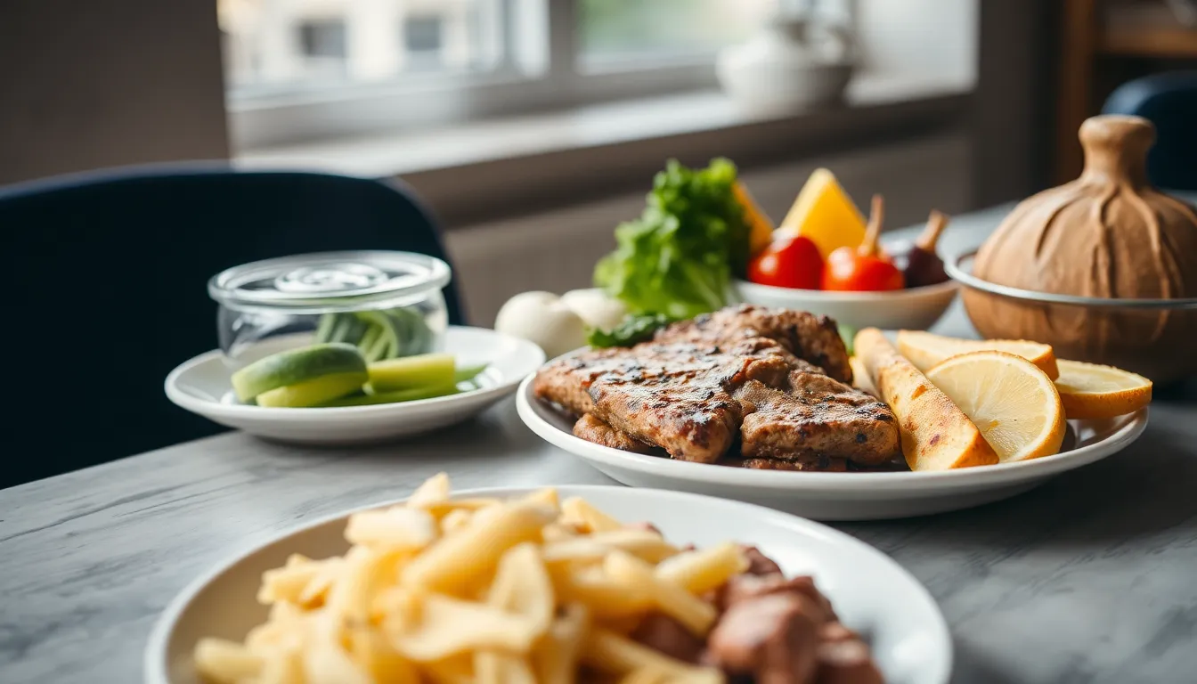 Post-workout meal with protein and carbohydrate-rich foods on table.