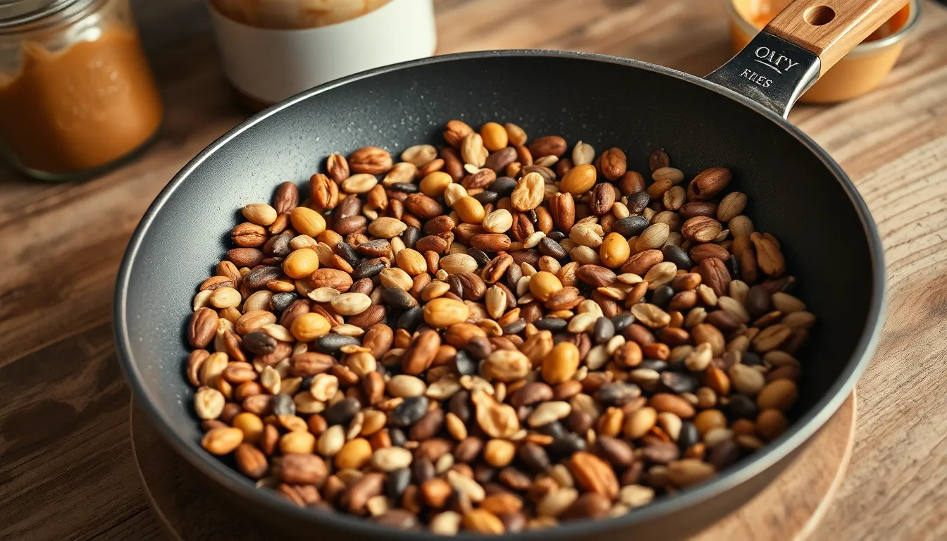 Close-up of mixed roasted nuts and seeds in a frying pan, perfect for vegan dishes.